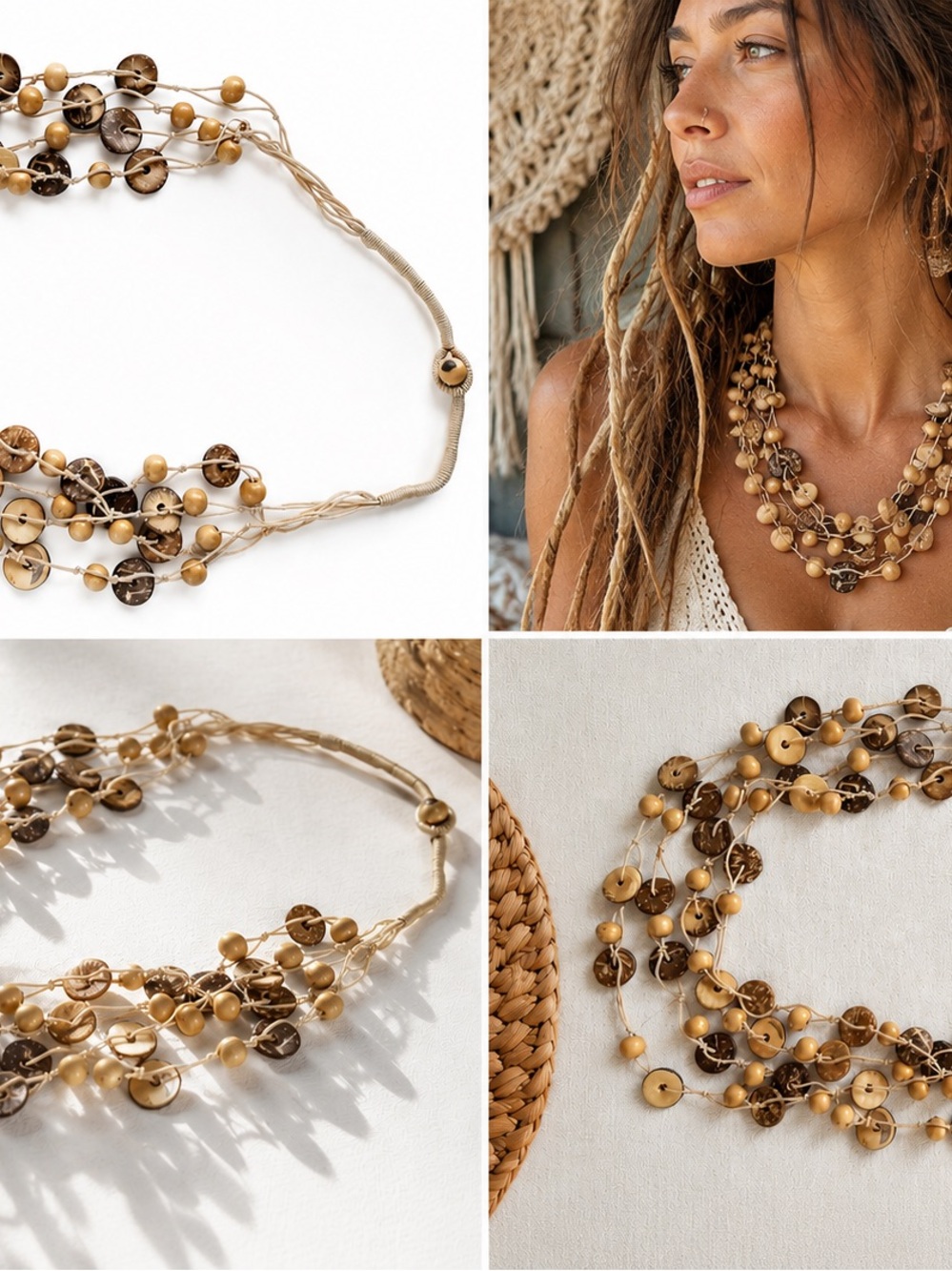 Handmade Layered Bead Necklace in Natural Brown —